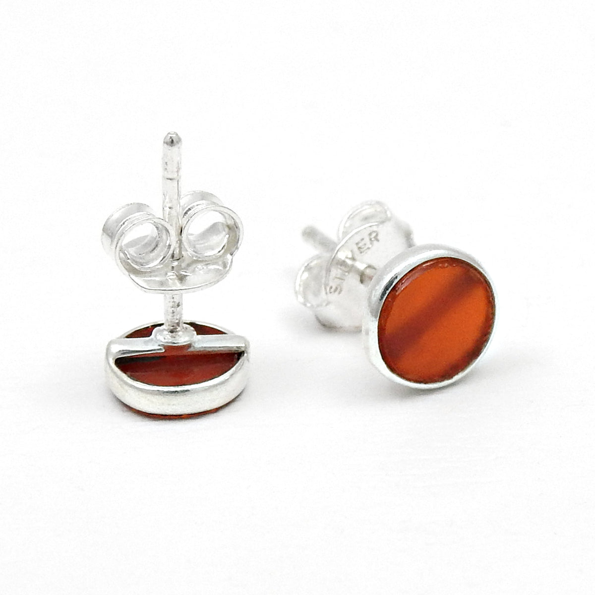 6mm Round Carnelian Gemstone 925 Solid Silver Bezel Stud Earrings