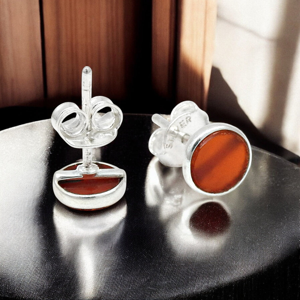 101 6mm Round Carnelian Gemstone 925 Solid Silver Bezel Stud Earrings