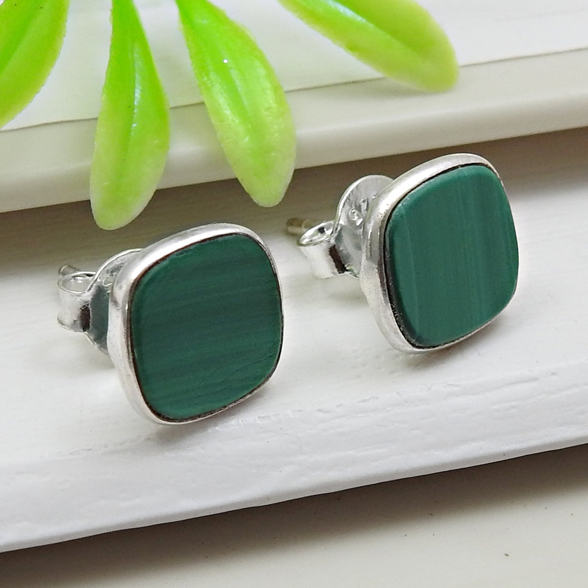 101 8mm Square Malachite Gemstone 925 Silver Stud Earrings Women Jewelry