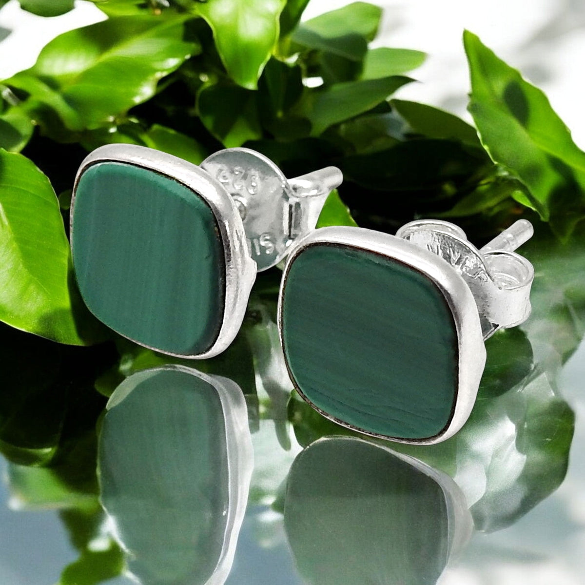 101 8mm Square Malachite Gemstone 925 Silver Stud Earrings Women Jewelry