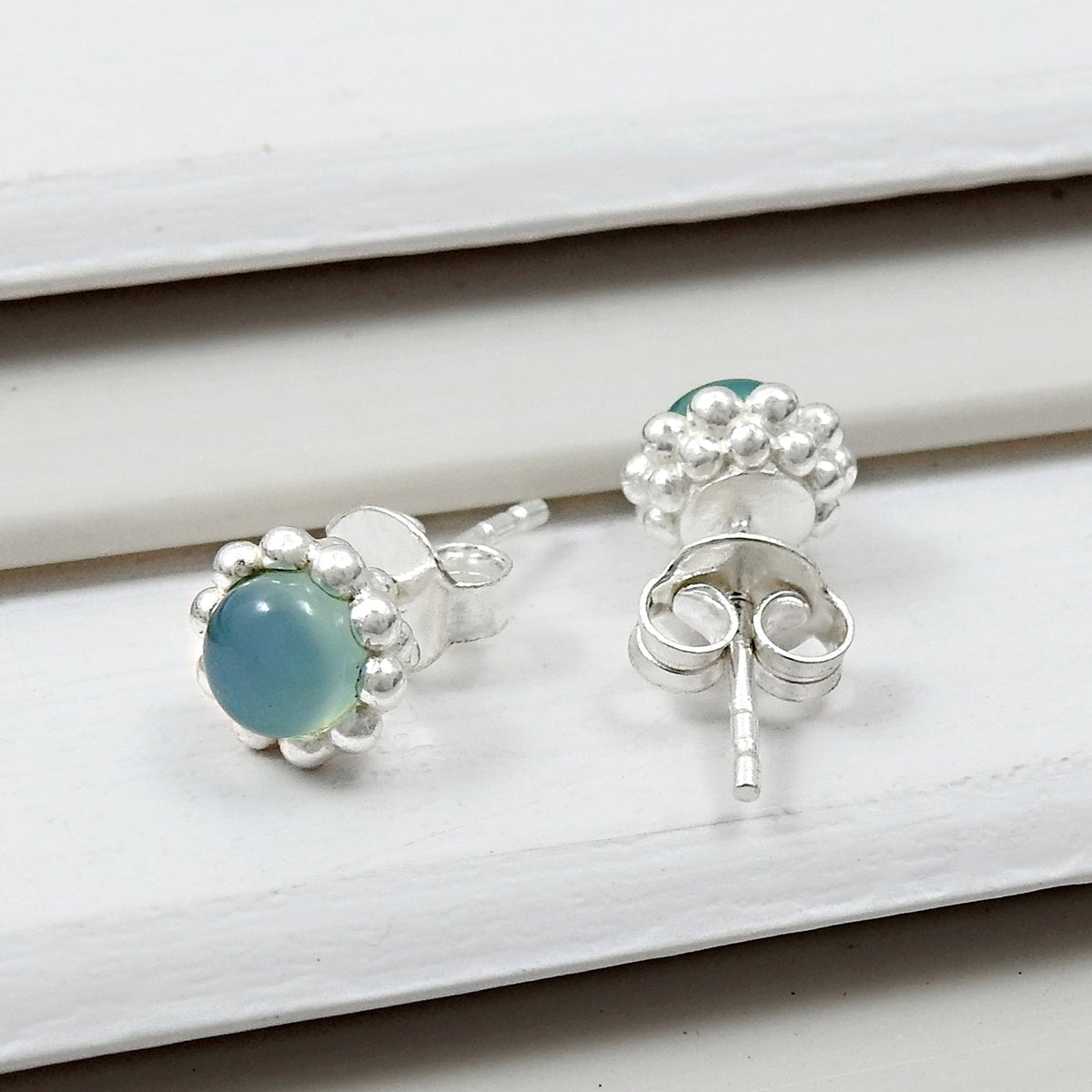 101 Natural Chalcedony Gemstone 925 Sterling Silver Minimalist Stud Earrings