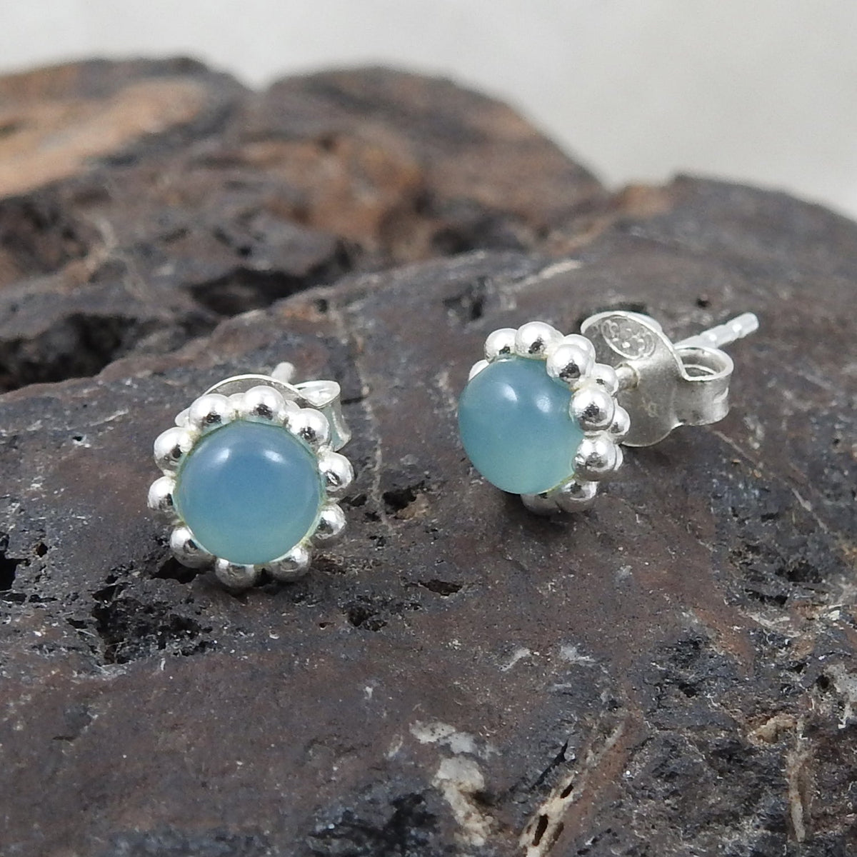 101 Natural Chalcedony Gemstone 925 Sterling Silver Minimalist Stud Earrings