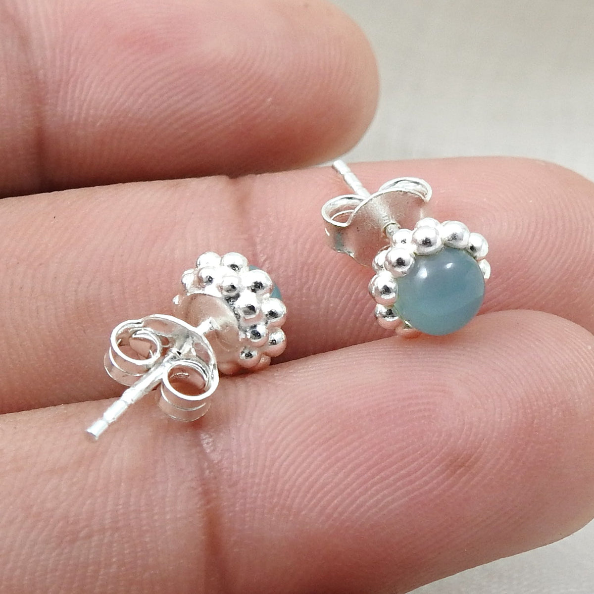101 Natural Chalcedony Gemstone 925 Sterling Silver Minimalist Stud Earrings