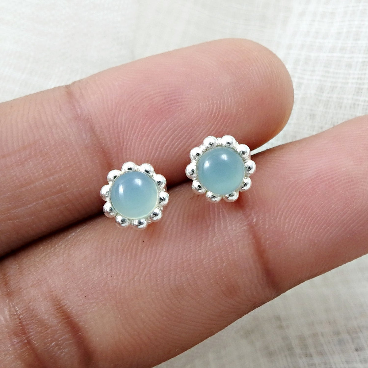 101 Natural Chalcedony Gemstone 925 Sterling Silver Minimalist Stud Earrings