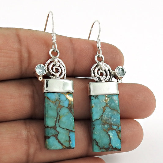 Natural Blue Copper Turquoise Gemstone Drop/Dangle Earrings 925 Silver C3