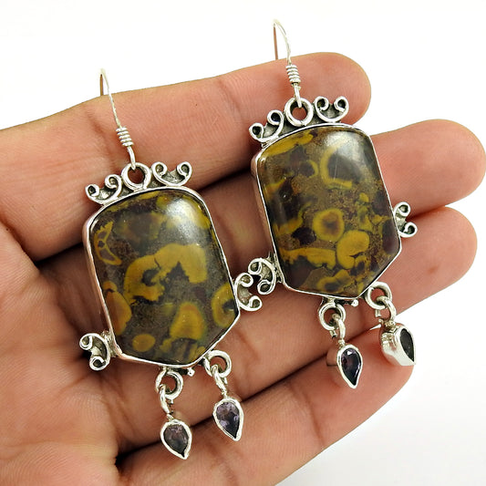 Mothers Day Gift 925 Silver Natural Chinese Writing Gemstone Earrings G3