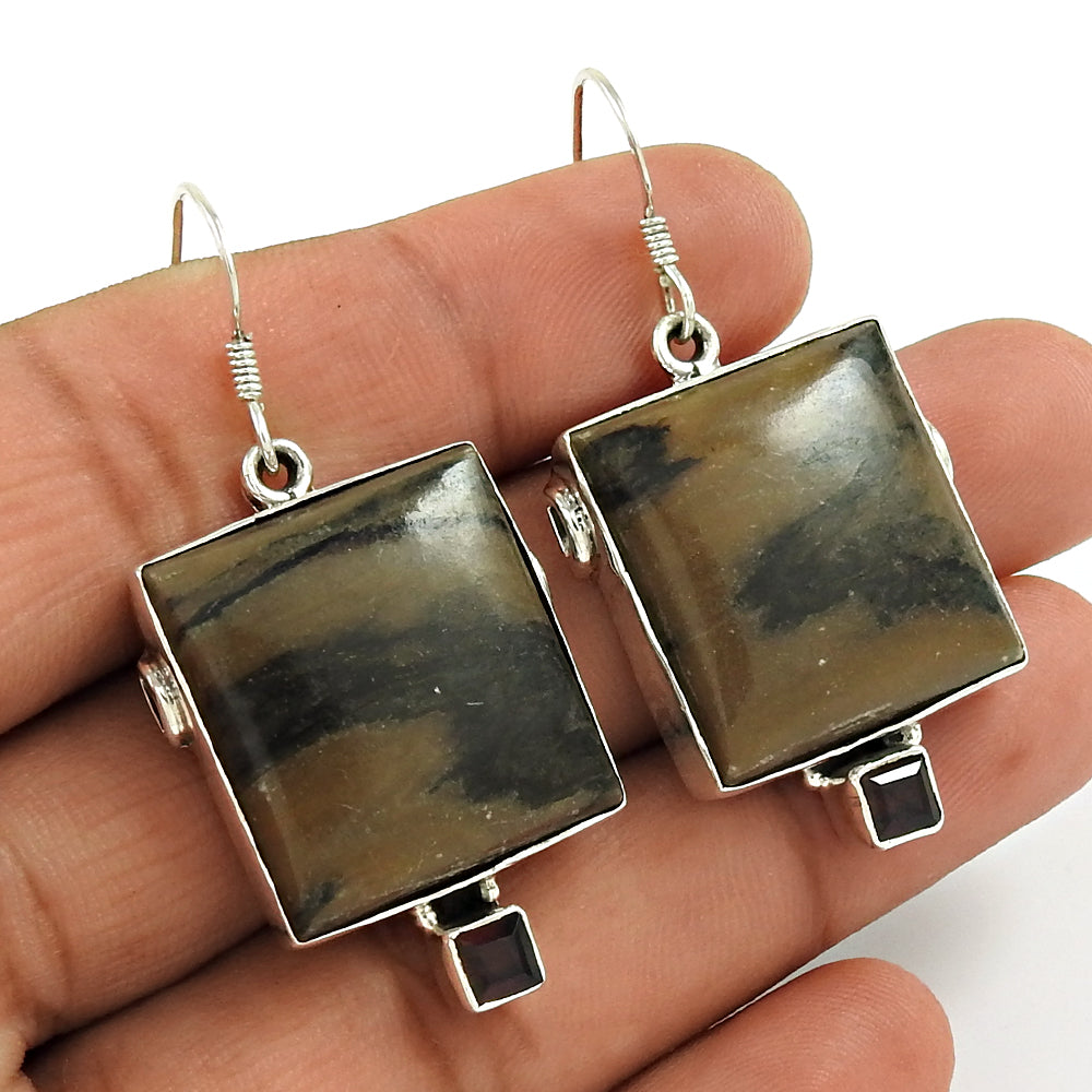 Mothers Day Gift Natural Jasper Boho Earrings 925 Sterling Silver O5