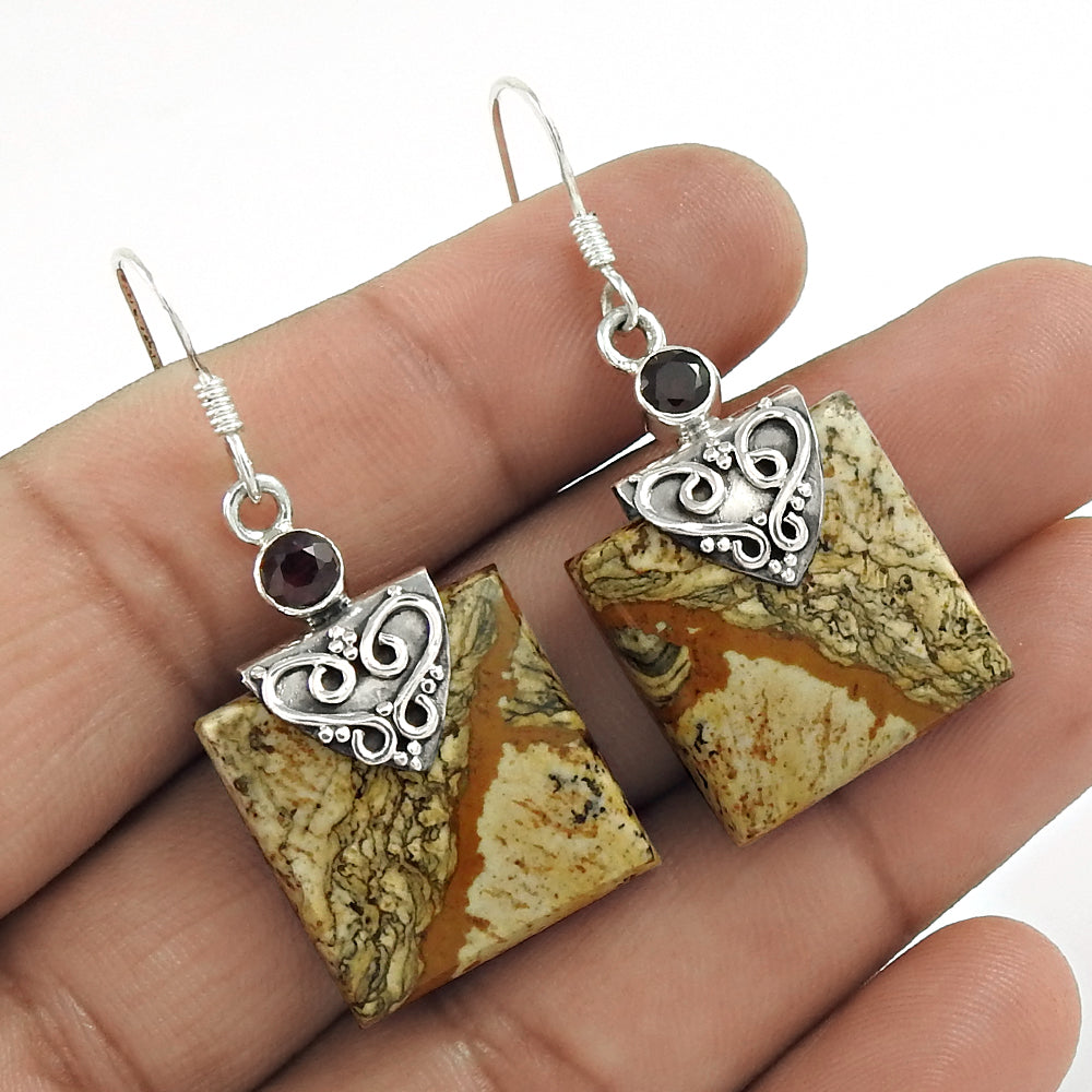 Natural Picture Jasper 925 Silver Boho Mothers Day Gift Earrings For Women R5