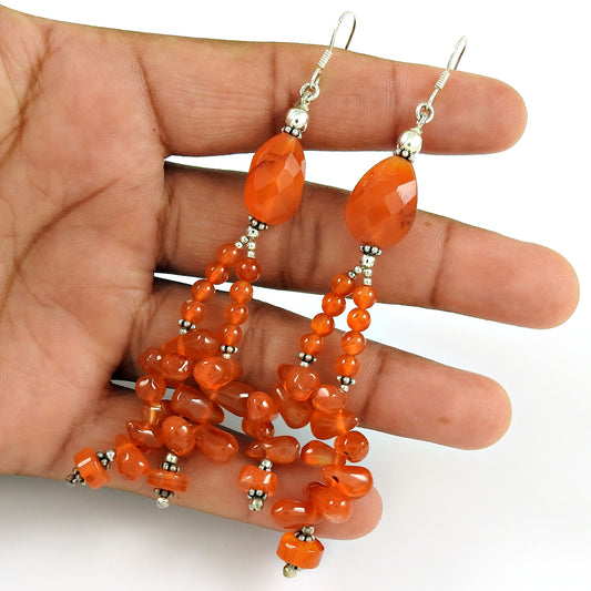 Natural Carnelian Gemstone Drop/Dangle Vintage Red Earrings 925 Silver K15