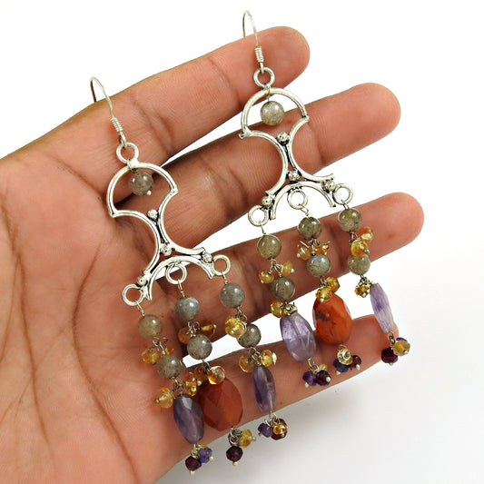 Gift For Her Natural Carnelian Drop/Dangle Tribal Earrings 925 Silver L15