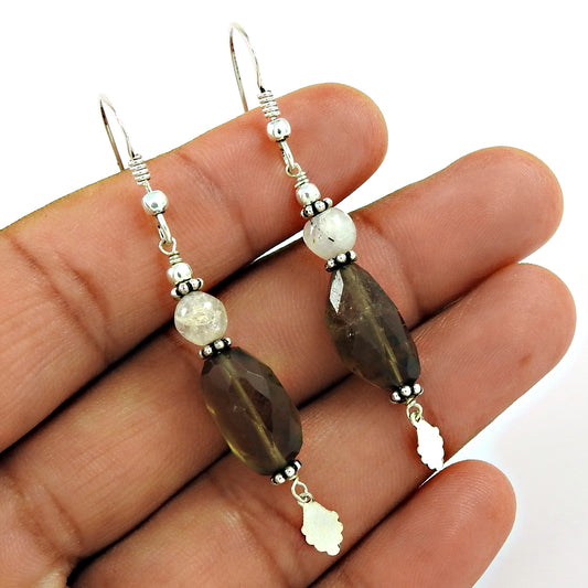 Natural Smoky Quartz 925 Silver Drop/Dangle Tribal Earrings For Women W14