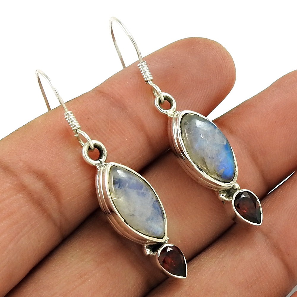 Drop/Dangle Vintage Earrings 925 Silver Natural Rainbow Moonstone H11