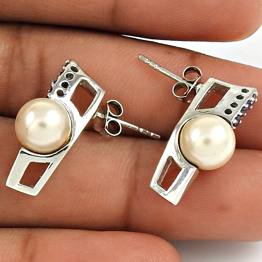 Natural Pearl Gemstone Stud Ethnic Earrings 925 Sterling Silver For Women W5