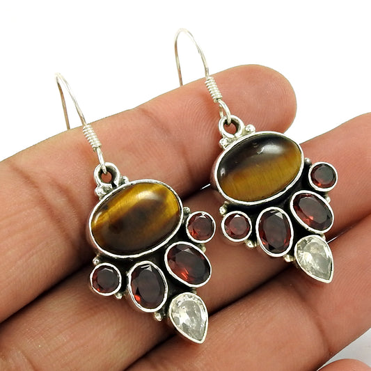 Mothers Day Gift Natural Tiger'S Eye Boho Earrings 925 Sterling Silver G6