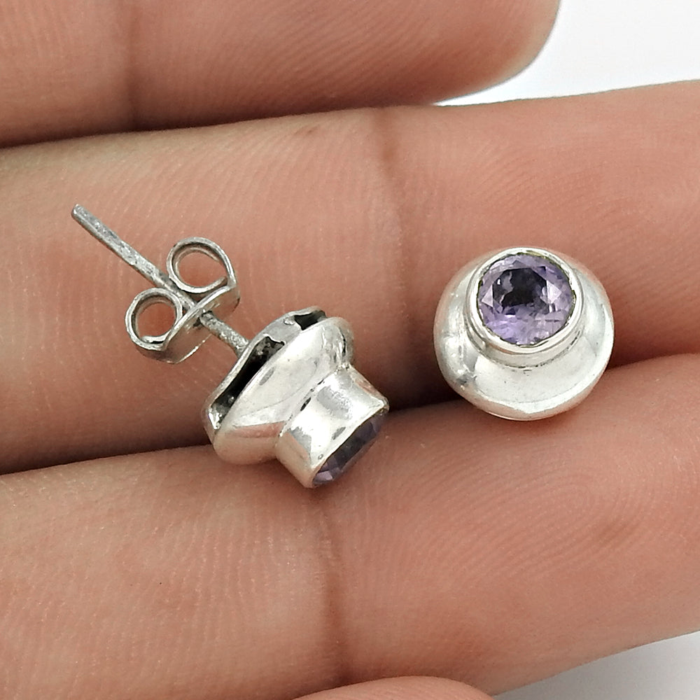Natural Amethyst Gemstone 925 Sterling Silver Stud Ethnic Earrings For Girls H16
