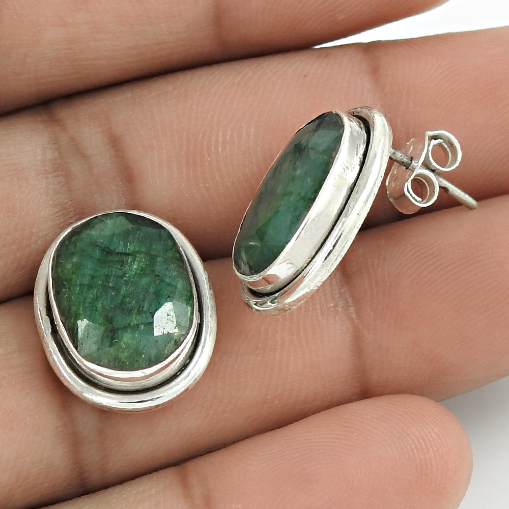 Natural Emerald Gemstone Stud Earrings 925 Sterling Silver Jewelry For Girls C4