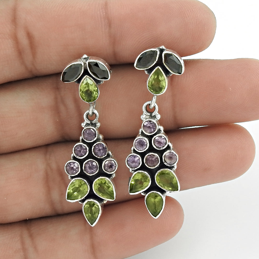 Natural Peridot Gemstone Drop/Dangle Bohemian Earrings 925 Sterling Silver E4