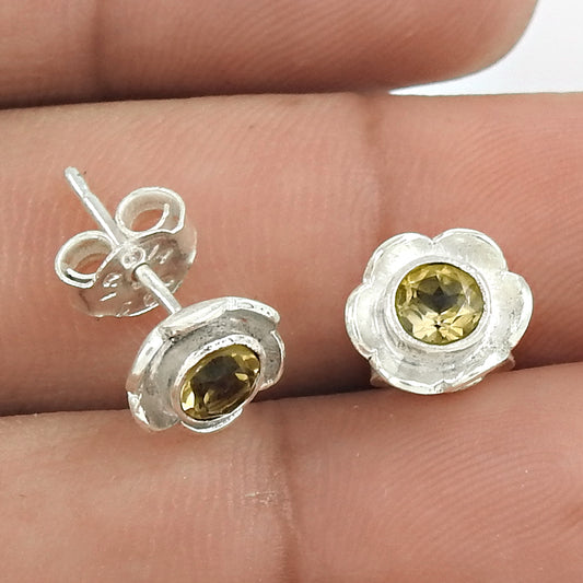 Natural Citrine Gemstone Stud Vintage Earrings 925 Sterling Silver Jewelry O2