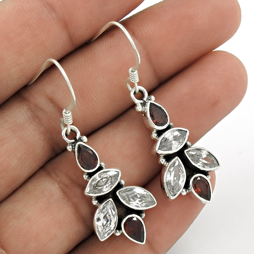 Natural Garnet Gemstone Drop/Dangle Tribal Earrings 925 Sterling Silver M3