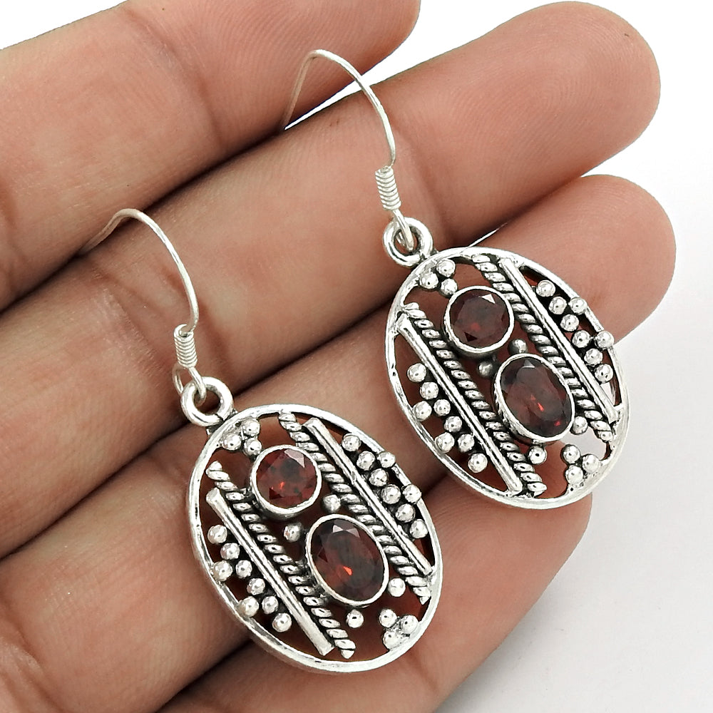 Natural Garnet Gemstone Drop/Dangle Ethnic Earrings 925 Silver For Girls N3