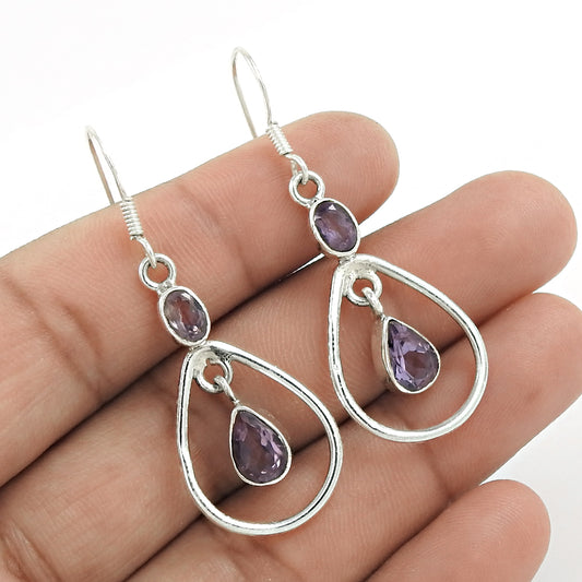 Natural Amethyst Gemstone Boho Earrings 925 Sterling Silver L1
