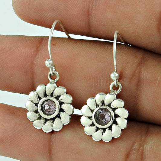 101 Round Amethyst Gemstone Sister Trendy Dangle Bezel Boho Earrings Sterling Silver