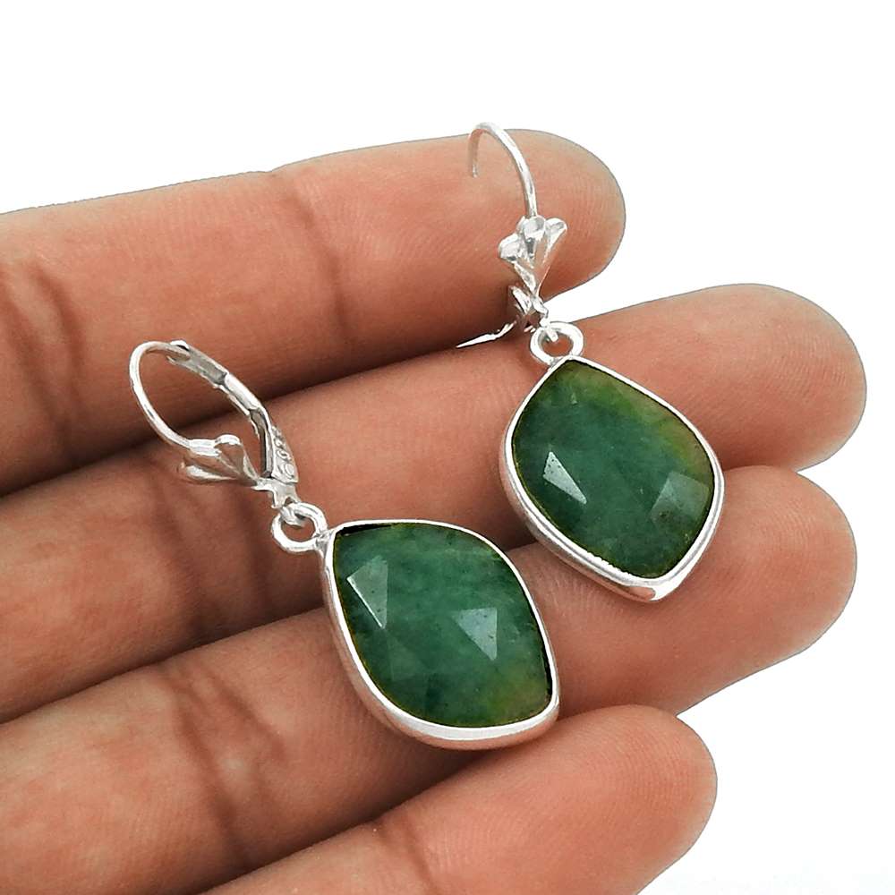 Pretty 925 Sterling Silver Emerald Gemstone Earrings Traditional Jewelry