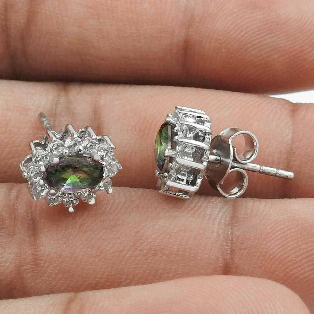 101 Gift For Her Natural Mystic Topaz Stud Rhodium Plated Earrings 925 Silver B28