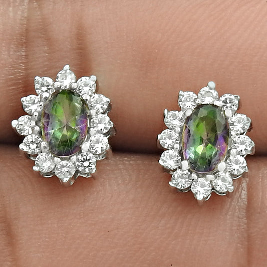 101 Gift For Her Natural Mystic Topaz Stud Rhodium Plated Earrings 925 Silver B28