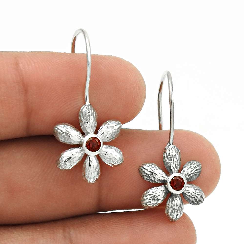 Possessing Good Fortune 925 Sterling Silver Garnet Gemstone Flower Earring Tribal Jewelry L11