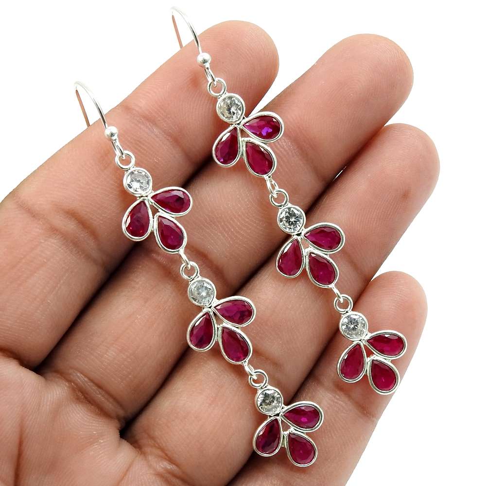 Ruby CZ White CZ Gemstone Earring 925 Sterling Silver Stylish Jewelry W18