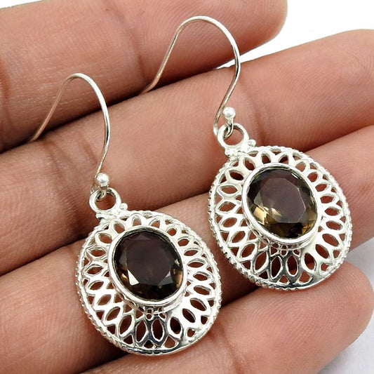 Smoky Quartz Gemstone Earring 925 Sterling Silver Vintage Jewelry M19