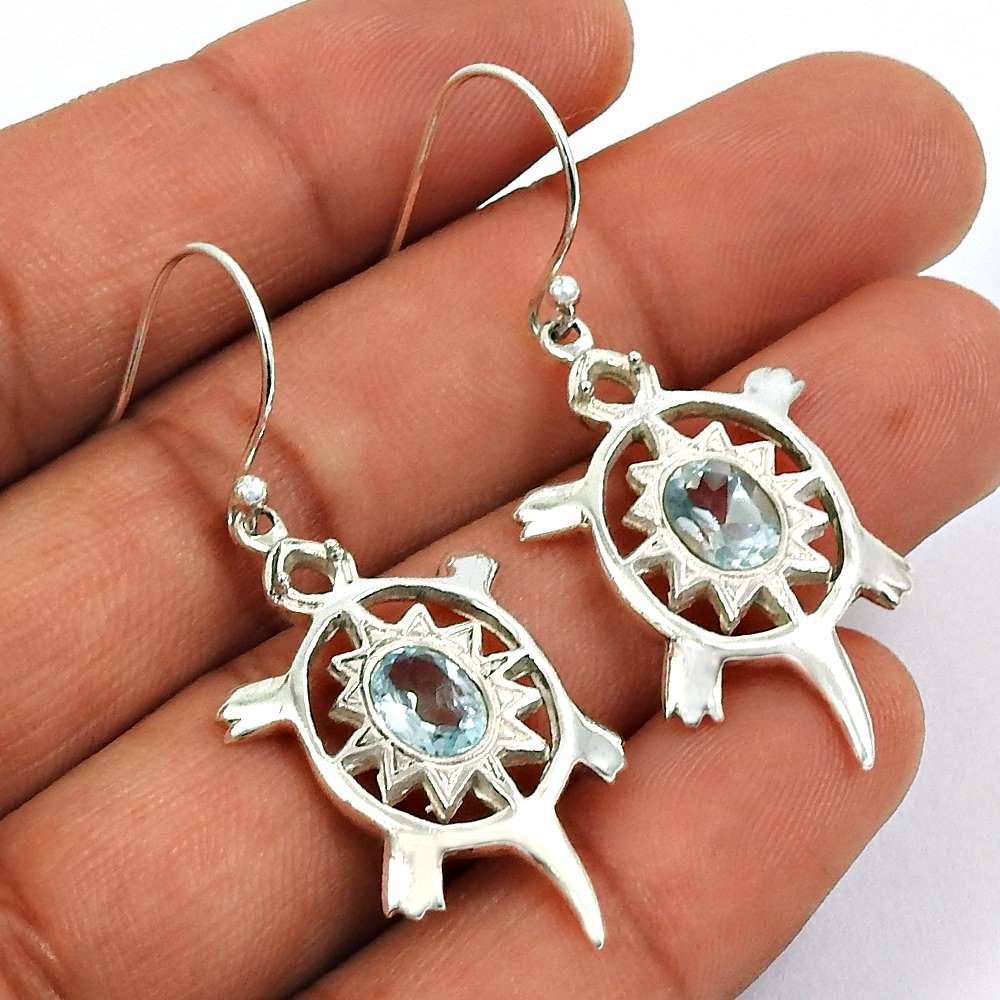 Blue Topaz Gemstone Turtle Earring 925 Sterling Silver Handmade Indian Jewelry T21