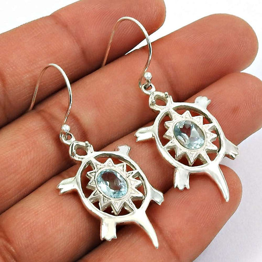 Blue Topaz Gemstone Turtle Earring 925 Sterling Silver Handmade Indian Jewelry T21