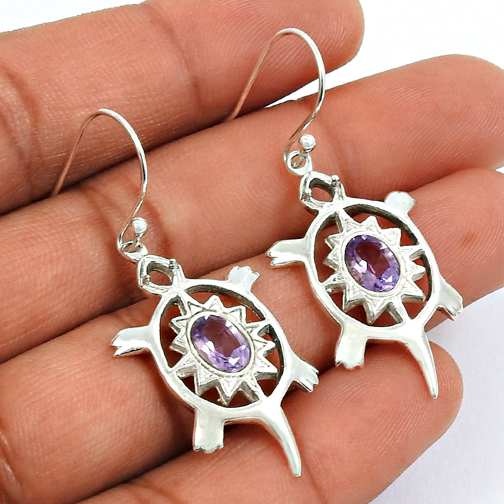 101 925 Sterling Silver Natural Amethyst Drop Bezel Turtle February Birth Earrings