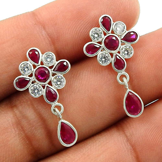Ruby CZ White CZ Gemstone Earring 925 Sterling Silver Handmade Jewelry I24