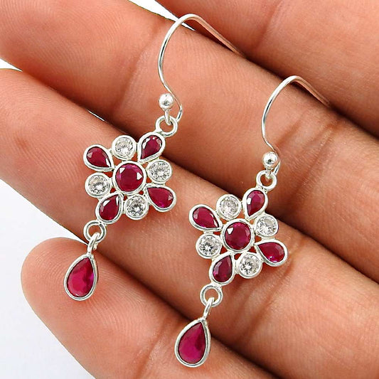 Ruby CZ White CZ Gemstone Earring 925 Sterling Silver Vintage Jewelry G25