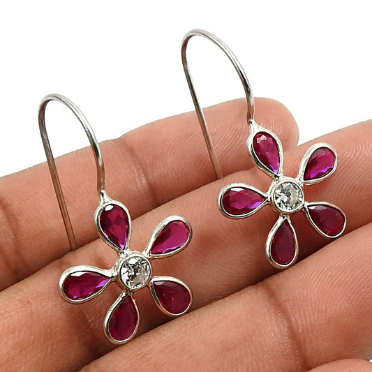 Ruby CZ White CZ Gemstone Earring 925 Sterling Silver Stylish Jewelry Y26