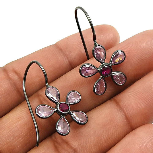 Black Rhodium Plated 925 Sterling Silver Pink CZ Ruby CZ Gemstone Earring Ethnic Jewelry B28