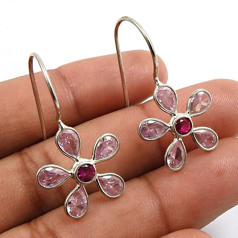 Ruby CZ White CZ Gemstone Earring 925 Sterling Silver Stylish Jewelry Y26