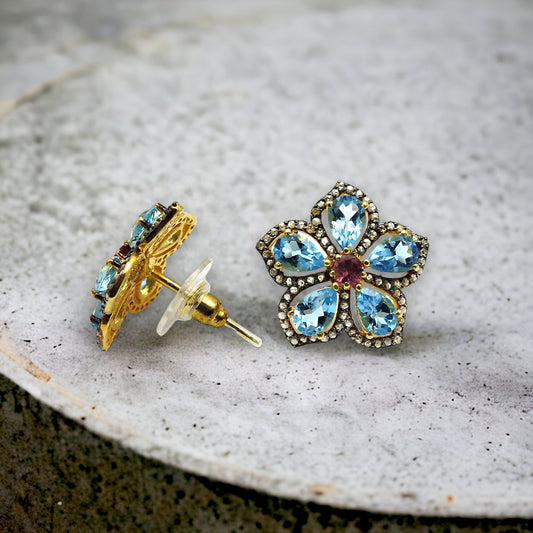 Diamond Earrings Black Rhodium Gold Plated 925 Sterling Silver Blue Topaz Garnet Gemstone Jewelry