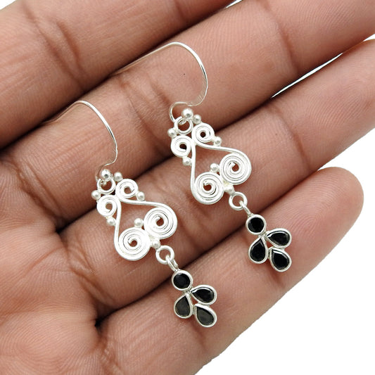 Sterling Silver Natural Black Cz December Bezel Art Deco Dangle Drop Earrings