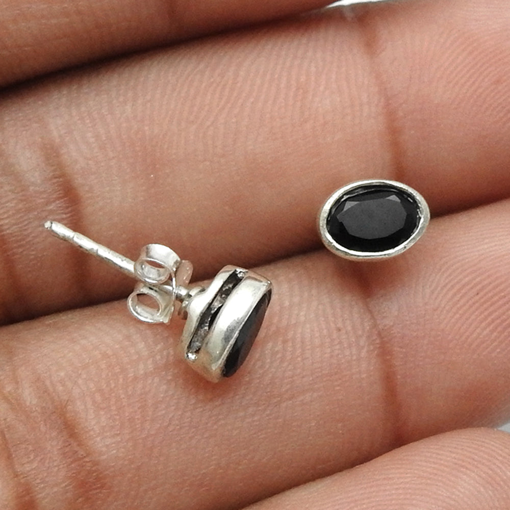 Sterling Silver Oval Natural Black Onyx Stud Post Handmade Friend Gift Earrings