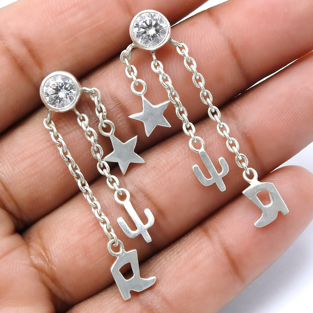 Woman Gift Solid 925 Silver Natural White Cubic Zirconia Celestial Star Earrings