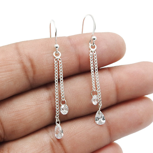 Natural White Cz Sterling Silver Dangle Drop Hook December Birth Bezel Earrings