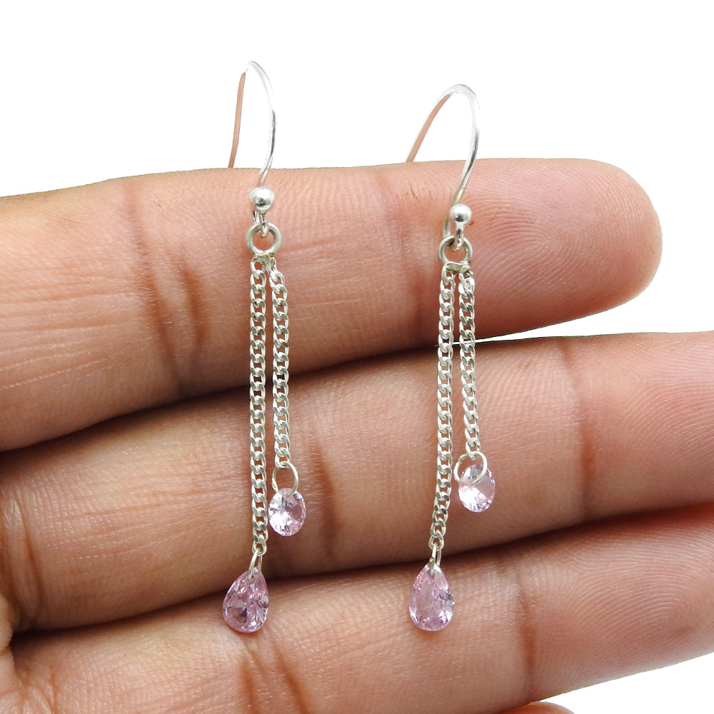 Sterling Silver Natural Pink Cz Artisan Dangling Wife Wedding Hook Boho Earrings