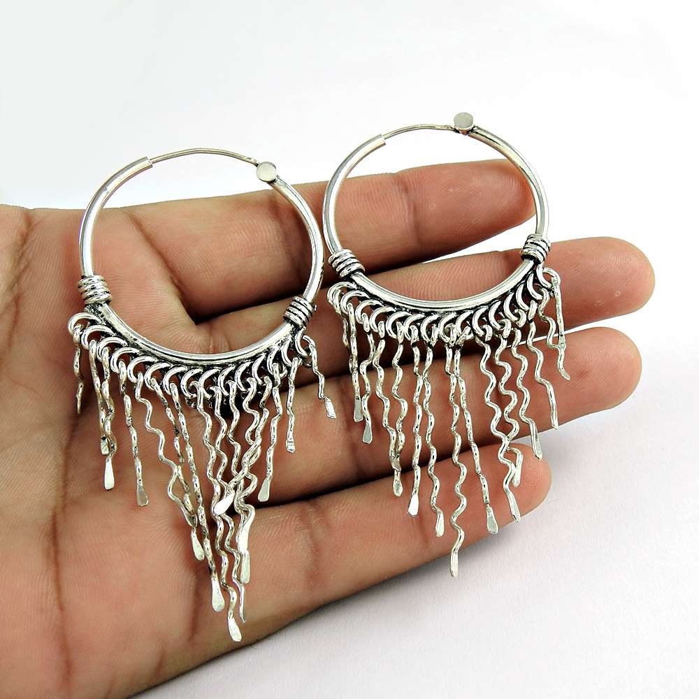 Handmade Indian Jewelry 925 Solid Sterling Silver Hoop Earrings F2