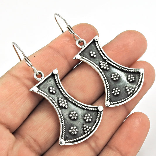 ARTISAN Earrings Solid 925 Sterling Oxidized Silver Handmade Bohemian Jewelry R4