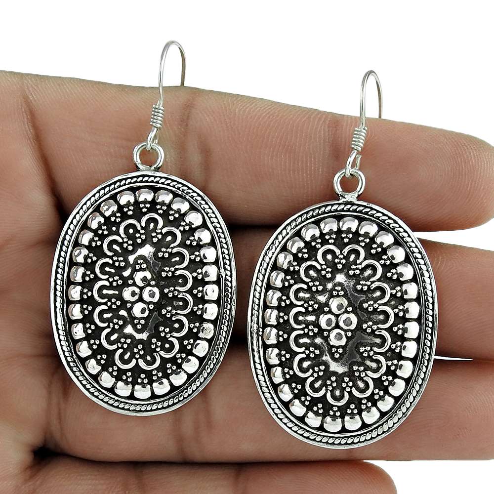 925 Solid Sterling Silver Jewelry Dangle Artisan Earrings S2