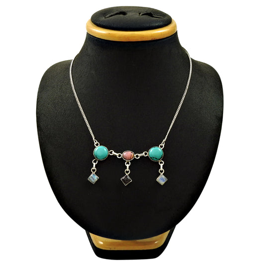 Natural Turquoise Gemstone Cluster Necklace 925 Sterling Silver For Girls A1